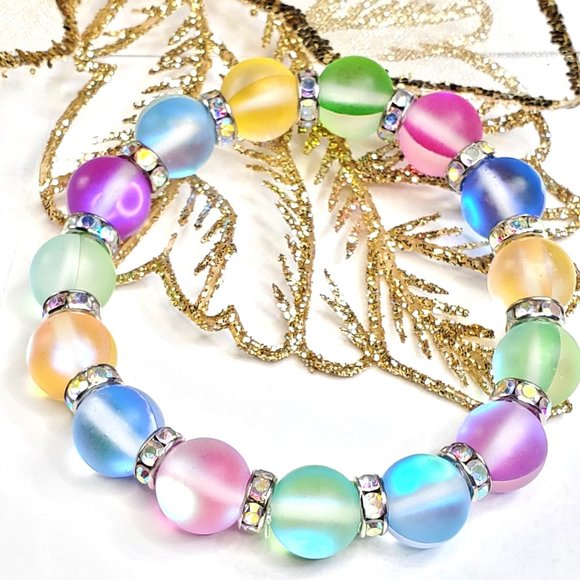 Multi Color Mat Glass Mermaid Beaded Stretch Bracelet - Picture 3 of 10